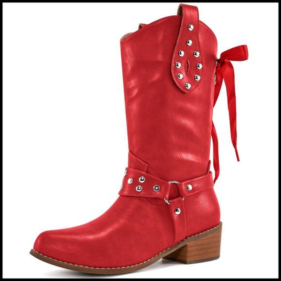 Leather Mid Calf Cowgirl Boots Pointed Toe Chunky Heel Western Fashion